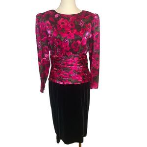 Silk Studios 80s Floral Velvet Dress Long Sleeve Ruched Midi Black Pink Size 10